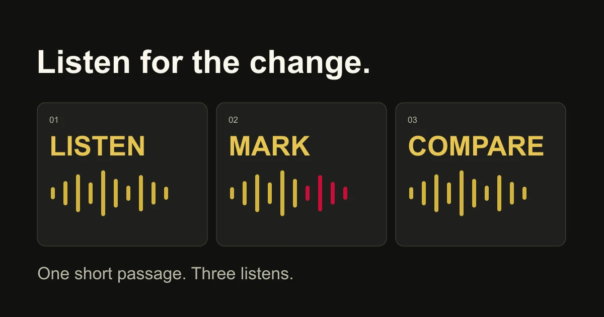 Three listening passes: notice a recurring idea, mark a possible change, then replay and compare
