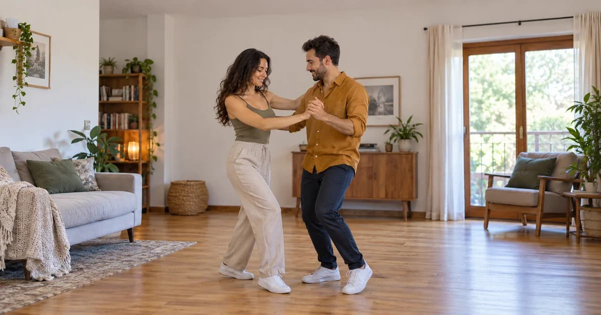 Two adults holding hands and practising small steps in a living room