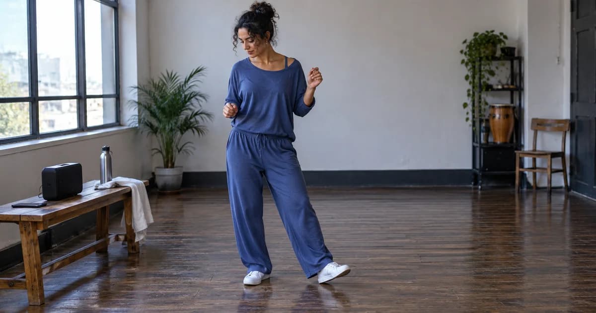 A dancer marking a step beside a speaker in a daylight rehearsal room