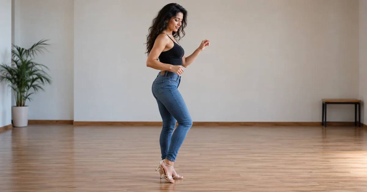 A dancer standing side-on with soft knees in an unmirrored rehearsal room