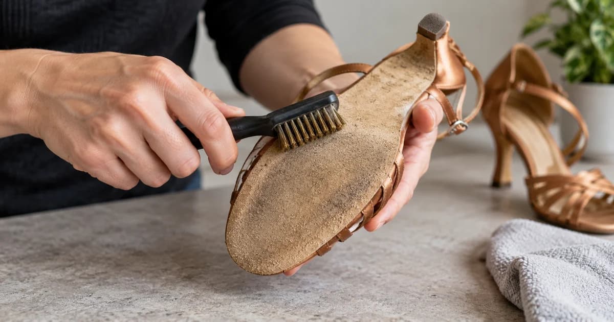 Two hands supporting a dance shoe and brushing its suede sole
