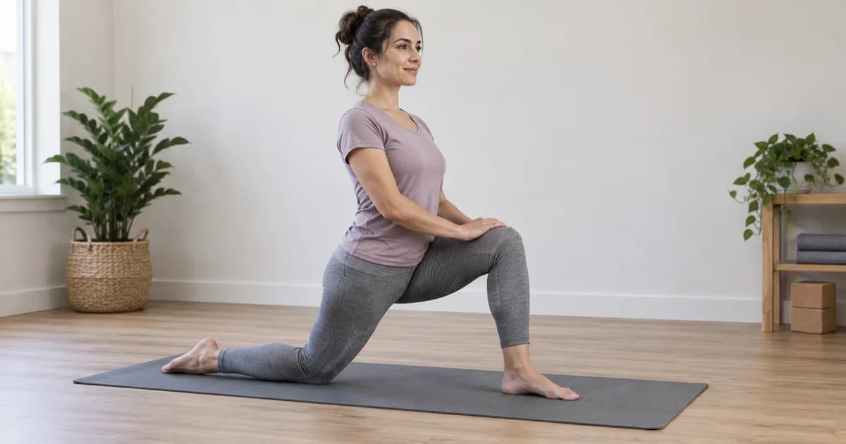 A dancer in a supported half-kneeling stretch with the front foot flat on a mat