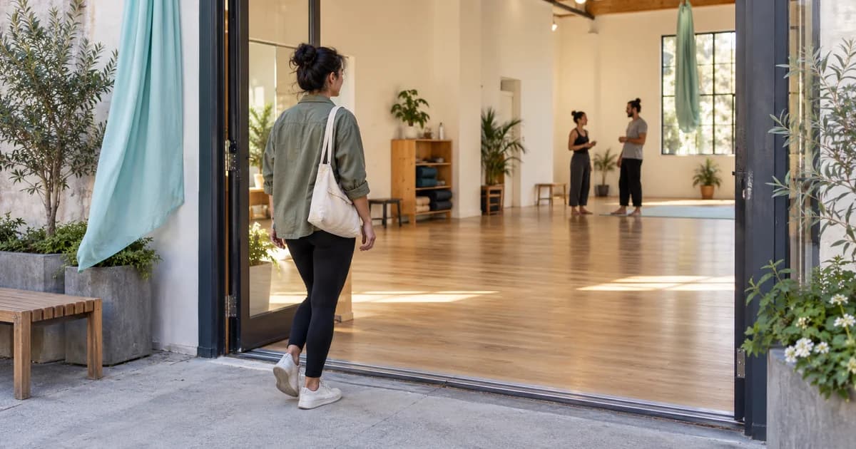 A newcomer with a shoulder bag arriving at a bright dance venue.