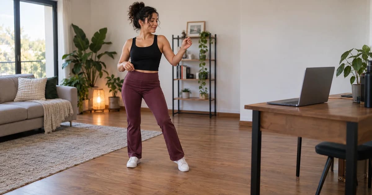 A dancer practising at home facing a laptop on a stable desk