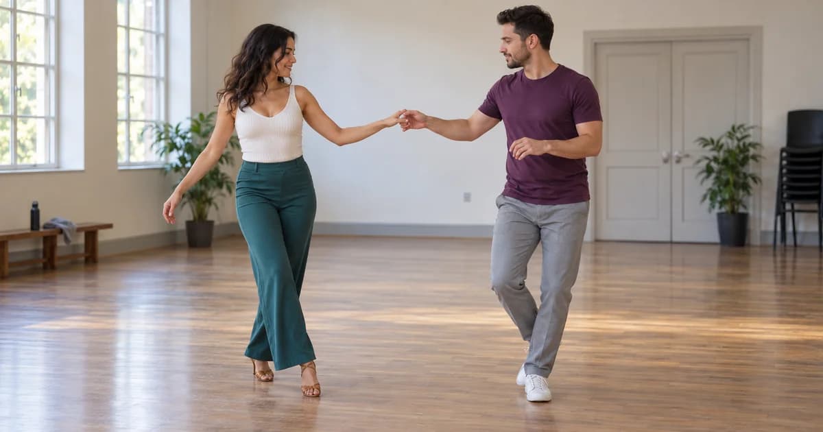 Two dancers connecting one hand while standing with space between them