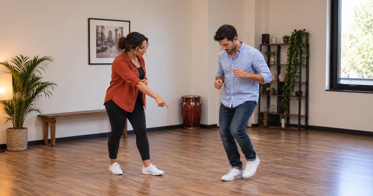 A woman teacher pointing towards the floor as a student practises a step